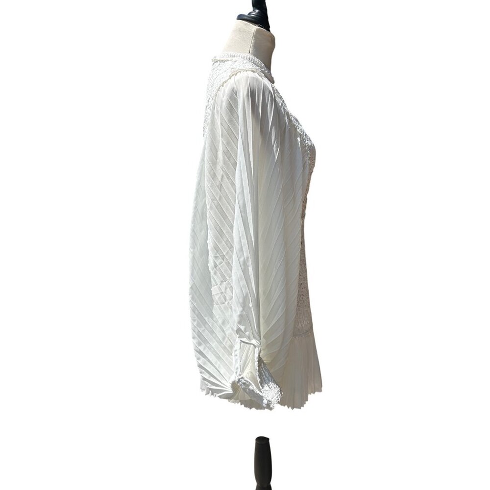 White Chiffon Crochet Mini Dress Sz M Exaggerated Balloon Sleeve Pleated Whimsy - Picture 5 of 13